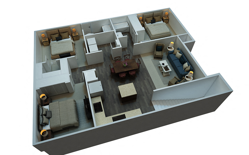 Floor plan for 3 beds, 2 baths, 1207 sqft